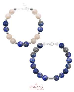 Sertifikalı 8 mm Lapis Lazuli ve Ay Taşı Gümüş Sevgililer Gününe Özel Doğal Taş Bileklik